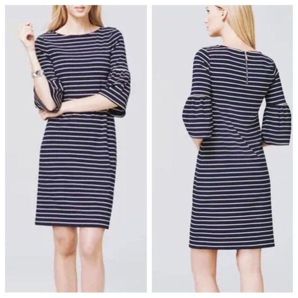 White House | Black Market Navy Blue White Striped 3/4 Bell Sleeve Dress sz M - Picture 1 of 8